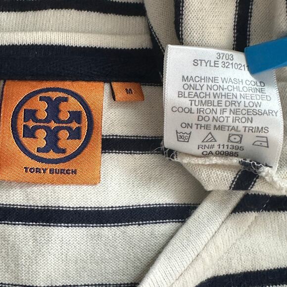 Tory Burch Sweater Top Medium White Blue Stripe EUC Nautical Coastal 100% Cotton - Picture 10 of 11